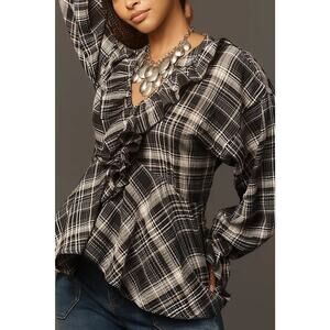 Anthropologie Pilcro Carrie Black Plaid Tunic Button Down Top Size Med